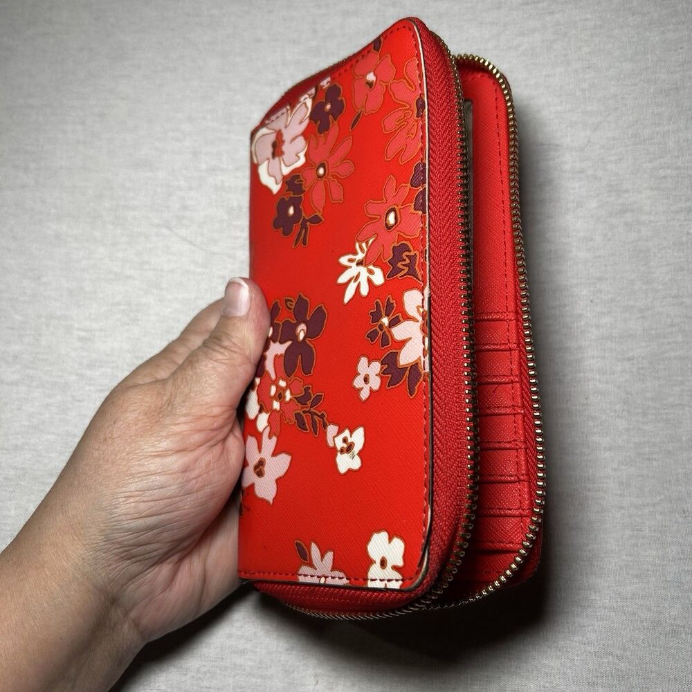Michael Kors Red Floral Zip Wallet with White & Brown Accents - Picture 5 of 6